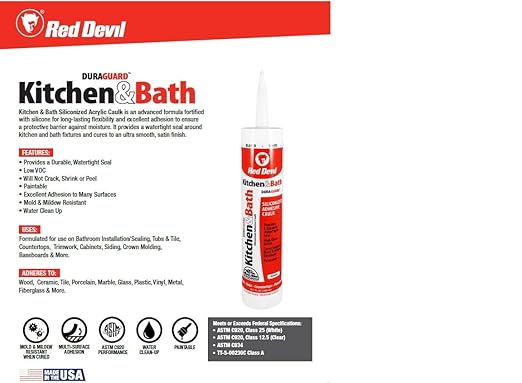 Red Devil 040520 Silicone Acrylic Caulk & Sealant, 100% Waterproof, Paintable, Off-White Caulking for Kitchen, Bathroom, Window, With Duraguard, 5.5 oz, Biscuit, Made in USA