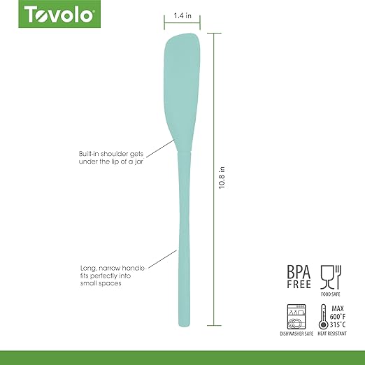 Tovolo Silicone Jar Spatula Long Handled Rubber Scraping Scooping Tool for Peanut Butter Jam Jelly Jars Blenders, Extra Long Flex Core Silicone Jar Scraper Dishwasher Safe BPA Free, Aqua Seafoam Green