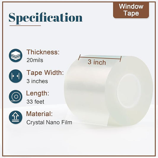 Window Sealing Tape 3 Inch x 33 Ft Transparent Insulation Waterproof Nano Draft Isolation Tape for Window and Bathroom Shower Glass Side Gaps