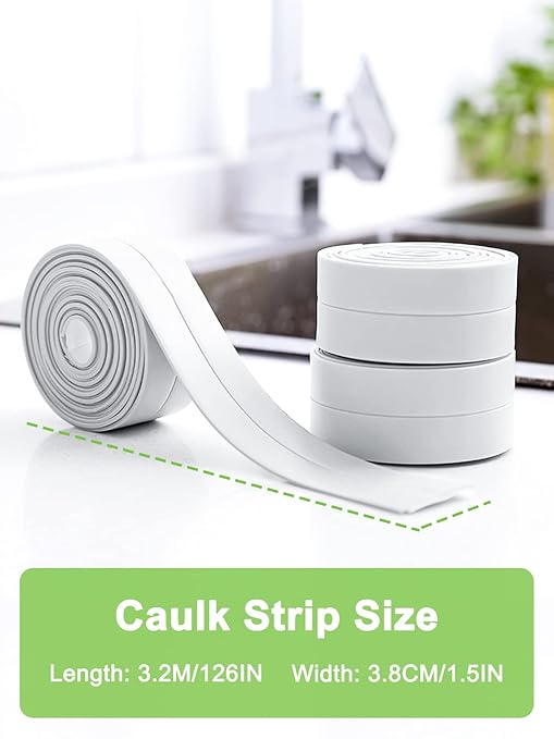 Caulk Tape - PVC Self Adhesive Tub Caulking Sealing Tape for Bathrooms Kitchen Countertops Toilets Kitchen Sinks Bathtub Floors and Toilet Walls etc 1-1/2" x 11' White