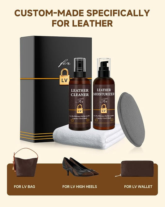 Leather Cleaner & Moisturizer Set for Louis Vuitton, Cleaning and Maintenance Set for LV, Powerful Stain Removal, Gentle Care, Suitable for LV Handbags/Wallets and Other Luxury Brands