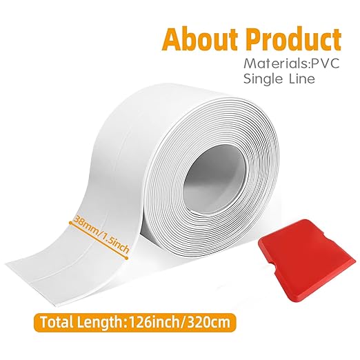 Caulk Tape, Waterproof Self Adhesive Caulk Strip, 1 Roll 1.5" x 10.5Ft Sealant Tape for Toilet Base, Bathtub, Kitchen Sink and Wall Edge, with Sealing Tool