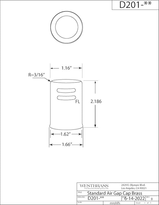 Westbrass D201-10-07 1-5/8" x 2-1/4" Solid Brass Air Gap Cap Only, Non-Skirted, Satin Nickel (10-Pack)