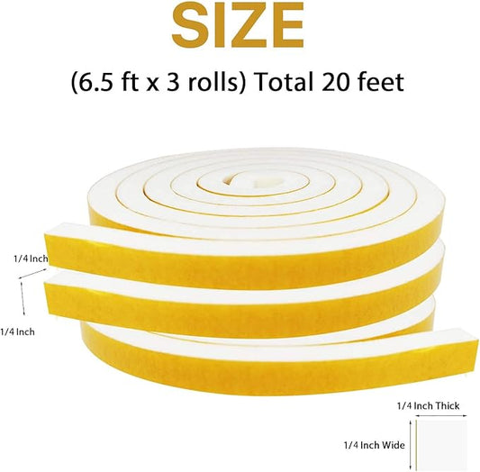 Weather Stripping Door Seal-3 Rolls, 1/4 Inch Wide X 1/4 Inch Thick Total 20 Feet Long, Foam Seal Tape for Window Insulation(6.5ft x 3 Rolls)