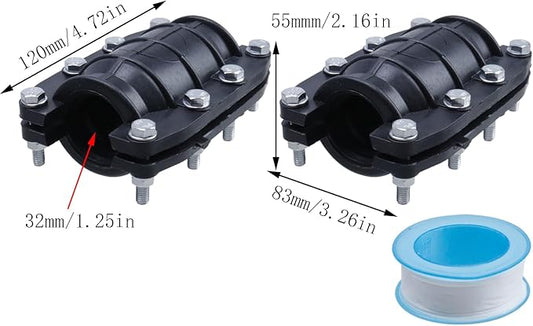 2 Pcs 1 1/4 inch Pipe Repair Clamp Leak Sealer, Emergency Pipe Repair Kit, Fitting for PE/PVC Pipe Repair, Steel Pipes, Iron Pipes, 1 15mm Roll of Raw Material Tape of Length 6 Meters