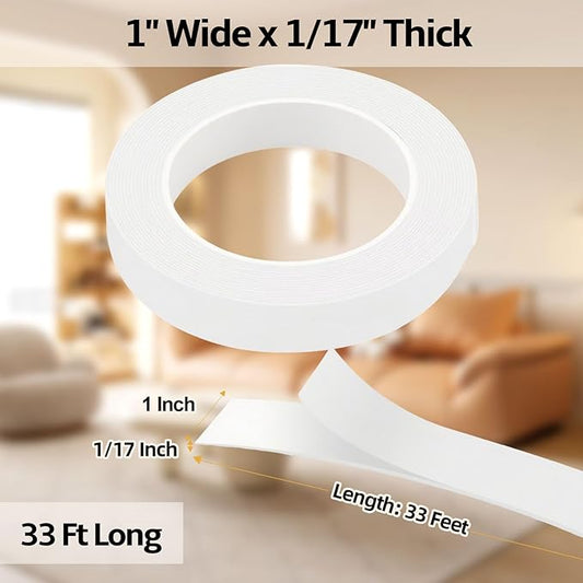 Foam Weather Stripping Door Seal,1 Inch W x 1/17 Inch T x 33 Feet White Window Sealing Tape,Single-Sided Self-Adhesive Insulation Sealing Strip