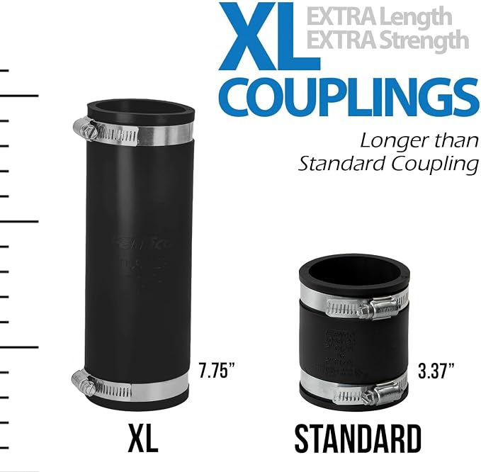 Fernco XL 1056-222 Flexible Pipe Coupling 2" to 2", Extra-Long Connector for CI, PVC, ABS & Steel Pipe with Stainless Steel Clamps