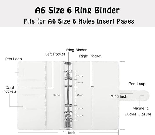 Antner A6 Binder 6 Ring Refillable Notebook Budget Planner for A6 Filler Paper, PU Leather Loose Leaf Personal Planner Wallet Money Organizer Cash Stuffing Binder with Magnetic Buckle Closure, White