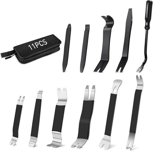 GOOACC 11PCS Trim Removal Tool Kit, Metal & Nylon Pry Tools Set for Car Door Panel, Dashboard, Audio, Clips, Fastener Remover w/ Storage Box – Black