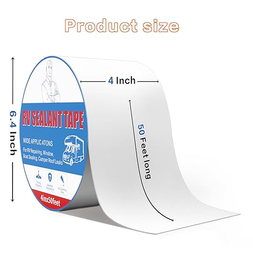 Rv Roof Tape White 4 Inch X 50 Feet, Waterproof Repair Sealant Tape UV-Resistant & Weatherproof Rv Awning Repair Tape for Window, Vent, Boat Sealing, Truck Camper Roof Patch kit Metal Roof Sealant