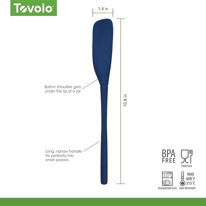 Tovolo Silicone Jar Spatula Long Handled Rubber Scraping Scooping Tool for Peanut Butter Jam Jelly Jars Blenders, Extra Long Flex Core Silicone Jar Scraper Dishwasher Safe BPA Free, Deep Indigo