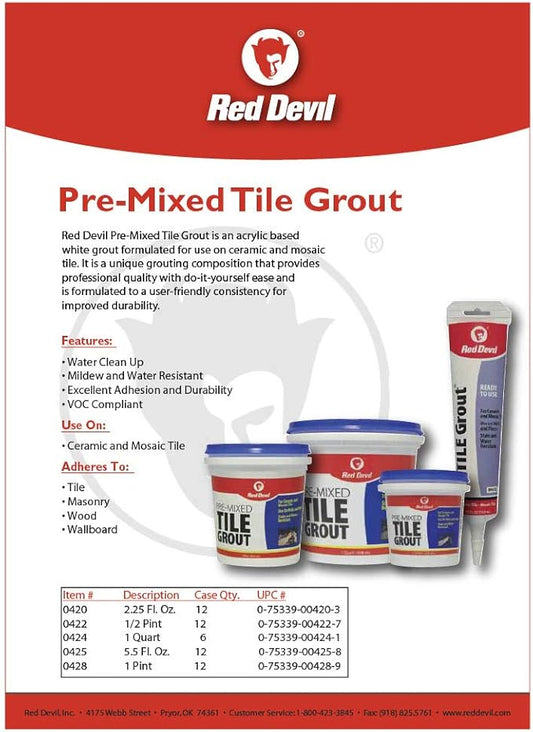 Red Devil 0422 Pre-Mixed Tile Grout - Professional Quality, Excellent Adhesion, Ideal for Wall & Floor Use - 1/2 Pint, White, Made in USA