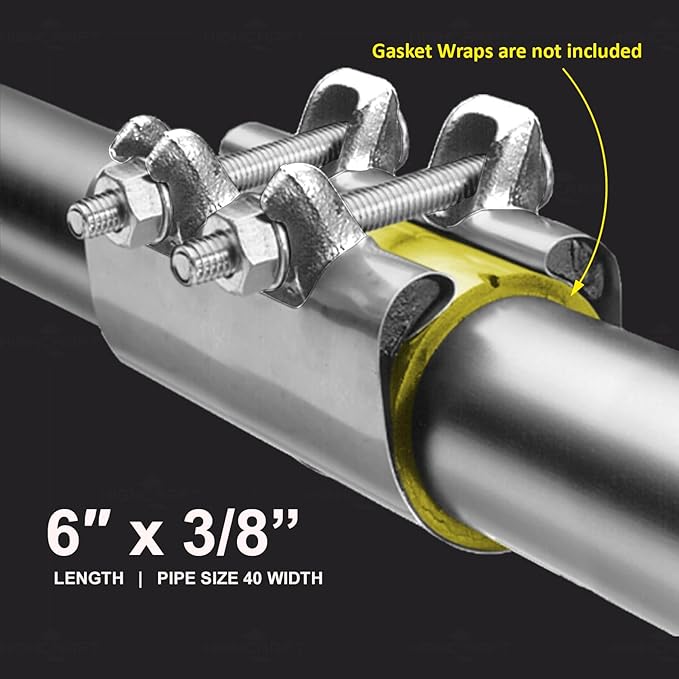Highcraft Pipe Repair Clamp 3/8'', IPS Double Bolt, 6” Long, Stainless Steel (5 Pack)