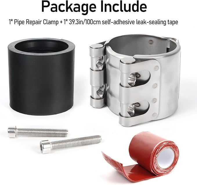 Upgraded Pipe Repair Clamp with M1 Self-Adhesive Leak-Sealing Tape | 304 Stainless Steel Rust-Proof Emergency Pipe Repair Kit for Plastic & Metal Pipes, 1-1/2"(47-51mm)