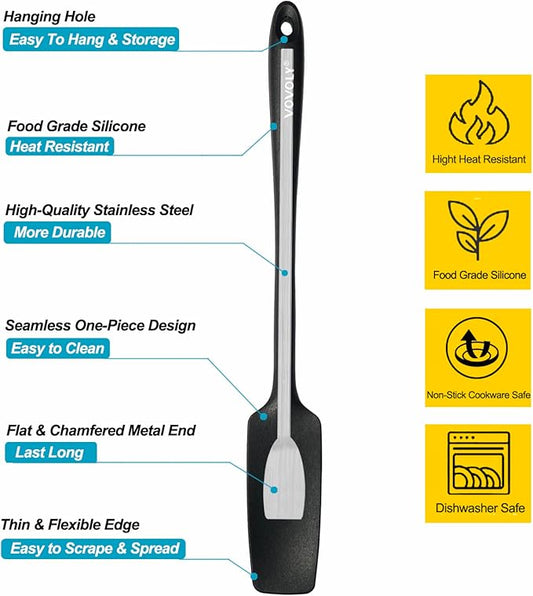 VOVOLY Silicone Jar Spatulas, Long Handle Jar Spatulas, 600ºF Heat Resistant Small Spatula, Seamless Design, Stainless Steel Core, BPA Free Spoonula (3, Mixed)