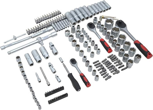 171 Pieces Socket Set, 1/4 and 3/8 Inch Drive Mechanic Tool Set, Motorcycle Tool Kit with Ratchet Handle, Universal Joint, Extension Bar, Home Auto Repair Set (171p)