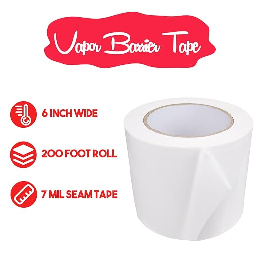 Vapor Barrier Tape - White Insulation Tape for Basement Wall Moisture Barrier, 7 Mil Polyethylene Tape Seal Tape for Crawlspaces, Repair, Underlayment Seams, (6 Inch x 200 Feet, White)