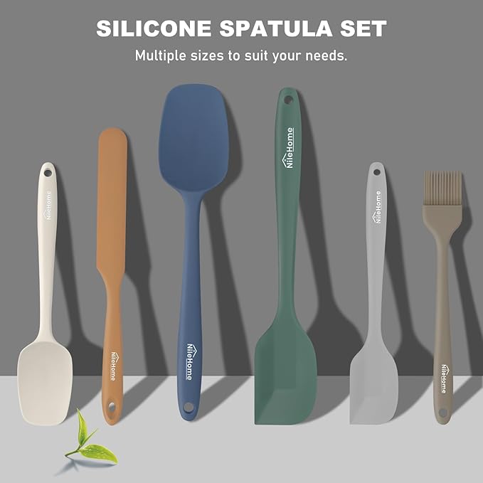 NileHome Silicone Spatula Set, 6 Pieces Food Grade Kitchen Utensils with Silicone Brush Heat Resistant Dishwasher Safe BPA-Free Rubber Spatula for Scraping, Baking, Cooking, Mixing-Forest Style