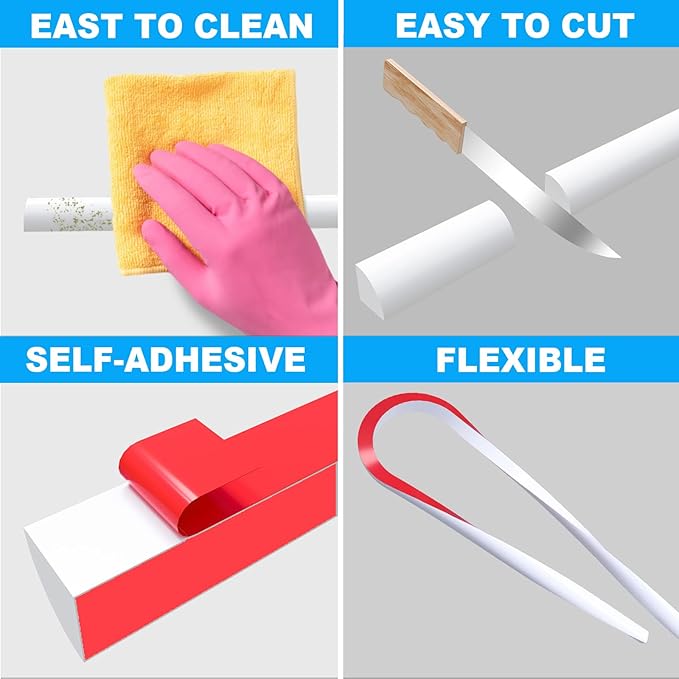Duzzy 158 Inch Flexible Quarter Round Molding, Silicone Rubber Peel and Stick Shower Water Barrier Suitable for The Shower Corner or Kitchen Countertop Sink and Cooktop