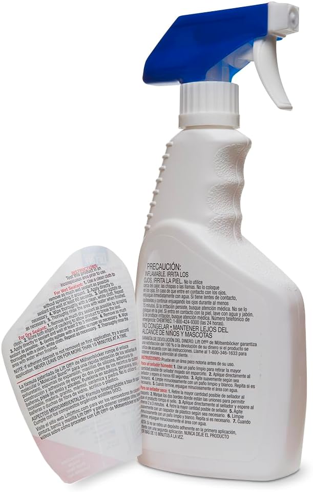 Motsenbocker’s Lift Off 41116 16-Ounce Silicone Latex Caulk and Foam Sealant Remover Spray is Safe on Showers, Construction Adhesives, Stainless Steel, Ceramic Water-Based, White