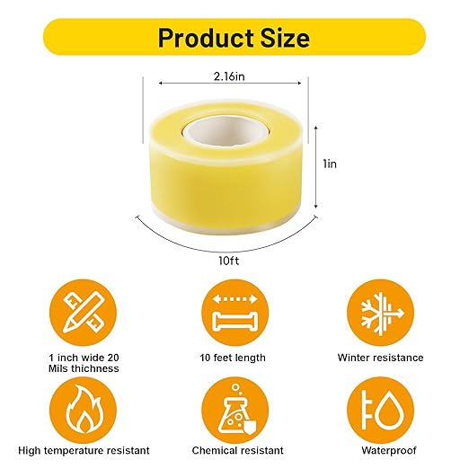 2-Pack Yellow Rubber Splicing Tape (20 Ft Total) - Self Fusing Emergency Repair Tape for Wiring & Marking - Non-Slip Silicone Grip for Handlebars - Easy-Peel Liner, 1 Inch x 10 Feet
