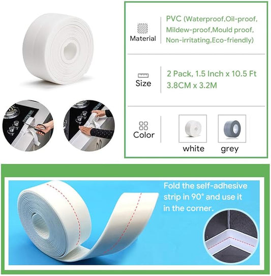 2 Pack Caulk Strip, 1.5" x 10.5Ft PVC Self Adhesive Caulk Tape, Sealing Waterproof Silicone Tape for Bathroom Bathtub Kitchen Toilet Wall Windows