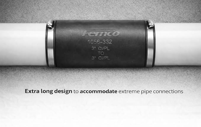 Fernco XL 1056-332 Flexible Pipe Coupling 3” – Extra-Long DWV Connector with Stainless Steel Clamps – Positive Seal for Cast Iron, PVC, Steel & Lead Plumbing Repair