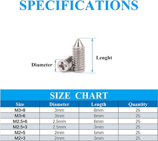 150 pcs Nickel Plated Tip Screws Pointed Cross Slot Leather Accessories 6 Sizes Belt Screws Include M2*3,M2*5,M2.5*3,M2.5*6,M3*6,M3*8 With 2mm Screwdriver for Belt Buckle Wallet Handbag Purse with Box