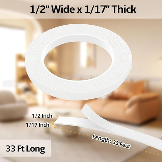 1/2 Inch Wide 1/17 Inch Thick White Window Sealing Tape,Weather Stripping Door Seal,Foam Insulation Tape,Single-Sided Self-Adhesive Foam Strips,33 Feet Long