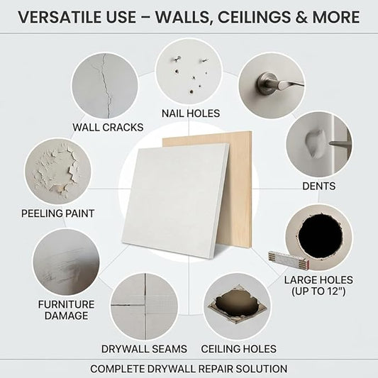 Drywall Repair Kit,34 Pcs 12x12inch Wall Patch Kit with Saw& Wood Boards,Drywall Patch Kit for Large Holes,Sheetrock Repair Kit for Cracks, Dents & Nail Holes-Quick & Easy Wall Surface Repair Solution