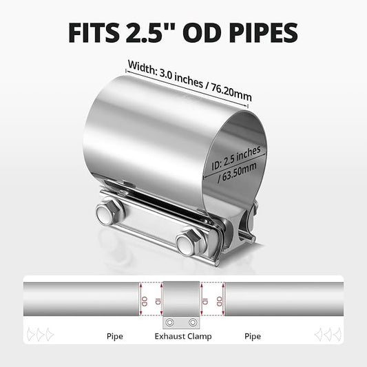 EVIL ENERGY 2.5 Inch Exhaust Clamp, 2 1/2" Butt Joint Band Clamp Sleeve Coupler Stainless Steel for Pipes, Mufflers, Catalytic Converters 4PCS