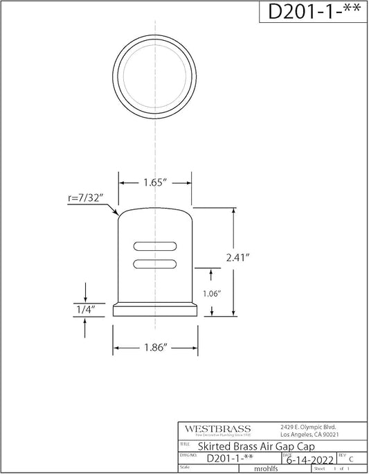 Westbrass D201-1-100-20 1-3/4" x 2-3/4" Solid Brass Air Gap Cap Only, Skirted, Stainless Steel (100-Pack)