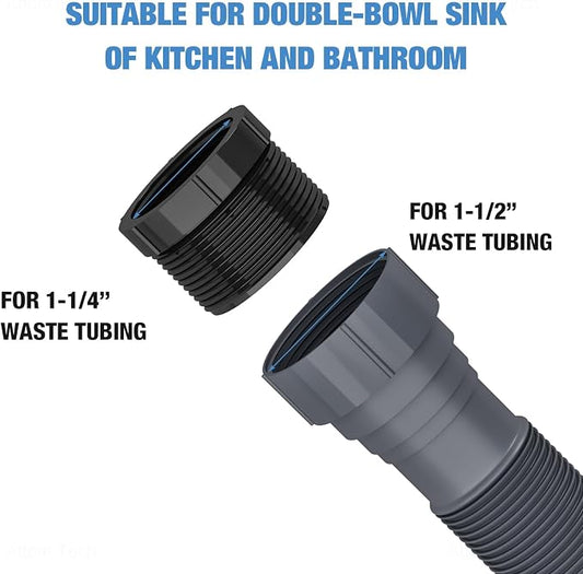 NiHome Flexible P-Trap Drain Kit for Double Kitchen Sink, Universal 1-1/2" or 1-1/4" Wastewater Drainage Pipe with Sealing Tape, Expandable Sink Waste Discharge Tubing for Garbage Disposal (Grey)