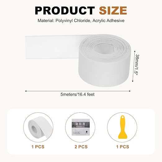 uxcell Caulk Tape Waterproof, 1.5 Inch x 16.4 ft Self-Adhesive Sealant Sealing Strip Caulking Sealant Tape PVC with Tool for Kitchen Sink Toilet Bathroom Bathtub Floor, White