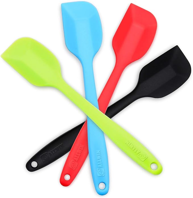 4‑Piece Silicone Spatulas Set Heat Resistant 600°F Seamless Steel‑Core Rubber Spatulas for Nonstick Cookware ALLWIN HOUSEWARE Uniform Length Kitchen Spatulas for Cooking & Baking, Small, Multicolored