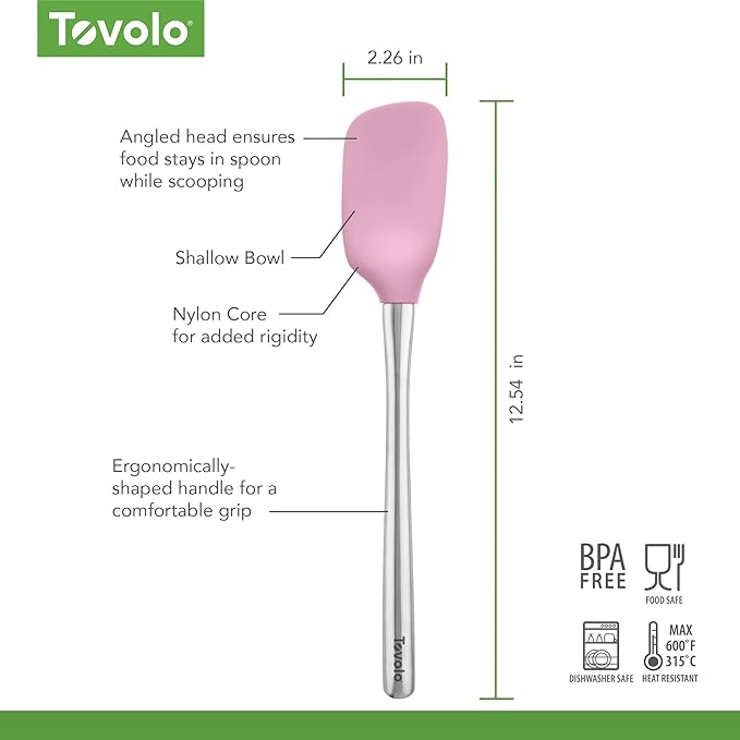 Tovolo Spoon Spatula Spoonula with Stainless Steel Handle Ergonomic Grip Pink Sorbet, Silicone Scoopula Kitchen Utensil Non Scratch Easy Clean Dishwasher Safe Heat Resistant Flex Core Scoop Spatula