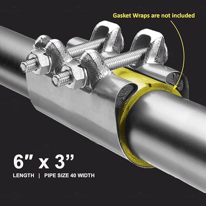 HIGHCRAFT 60300TTSD-5, Single Pipe Repair Clamp 3'', Double Bolt, 6” Long, Stainless Steel (5 Pack), Chrome