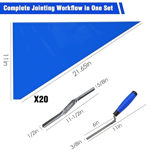22PCS Tile Grout Masonry Mortar Bag & Brick Jointing Tool Kit, 20PCS 11"x22" Blue Disposable HDPE Tear Resistant Grout Bags,Tuck Pointing Trowel & Convex Brick Jointer for Brick Mortar Repair