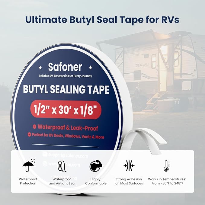 Safoner White Double Sided Butyl Seal Tape– 1/2" Widthx 30' Lengthx 1/8" Thickness– Leak-Proof and Waterproof Sealant for RV Roof Repair, Windows, Vents, and Pipes