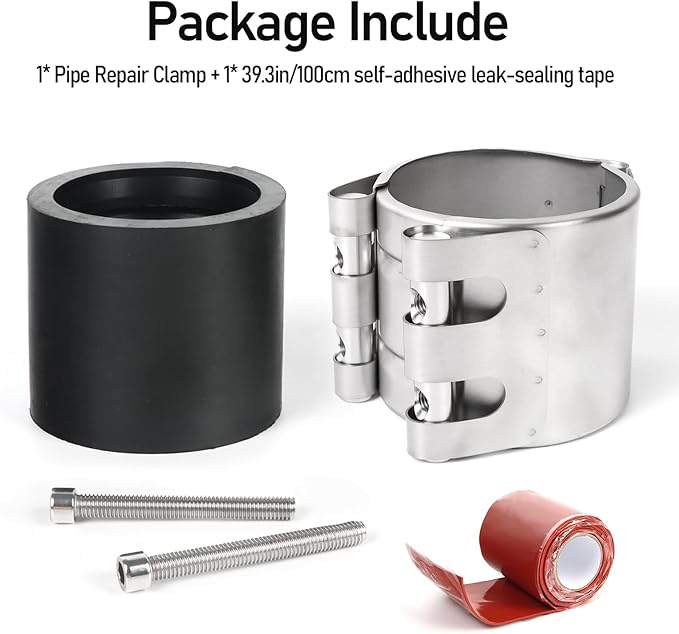 Upgraded Pipe Repair Clamp with M1 Self-Adhesive Leak-Sealing Tape | 304 Stainless Steel Rust-Proof Emergency Pipe Repair Kit for Plastic & Metal Pipes, 2-1/2"(74-79mm)