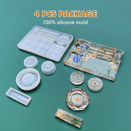 5 PCS Resin Tray Molds and Resin Grinder Mold for Grind and Storage, Large Molds Silicone Molds for Arts, DIY Epoxy Kit