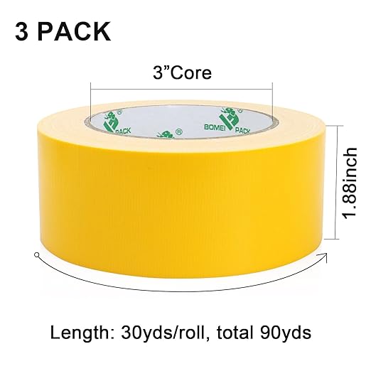 BOMEI PACK Yellow Duct Tape, 3Rolls Heavy Duty Strong Industrial Color Duct Tape 9mil x 1.88inch x 30yds for Packing and Repairing
