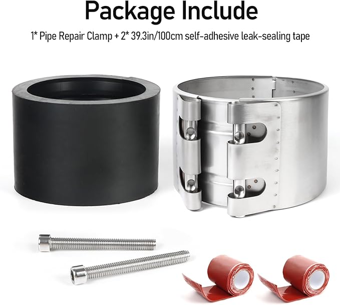 Upgraded Pipe Repair Clamp with M1 Self-Adhesive Leak-Sealing Tape | 304 Stainless Steel Rust-Proof Emergency Pipe Repair Kit for Plastic & Metal Pipes, 8"(216-222mm)