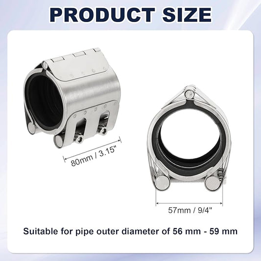 HARFINGTON Pipe Repair Clamp 2-1/4" OD 56mm-59mm 304 Stainless Steel Leak Sealer Emergency Pipe Repair for Plastic Metal Tubing Water Gas Oil Lines, Silver