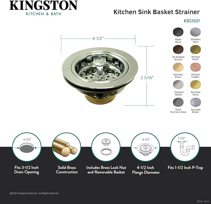 Kingston Brass KBS1002 Kitchen Sink Basket Strainer, Polished Brass