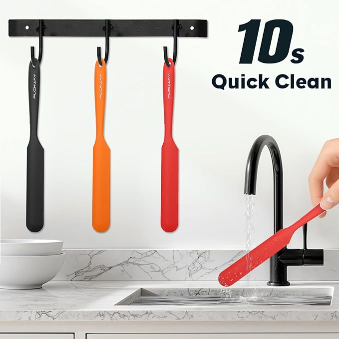 3pcs Silicone Jar Spatulas 10in Long Skinny Heat-Resistant, Narrow Spatula Set for Scraping Peanut Butter, Sourdough, Jam in Small Containers, Blenders & Baking (Black & Red & Orange)