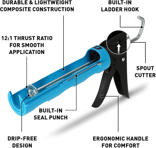 OX Drip Free Caulk Gun 10 oz - 12:1 Thrust Ratio - Lightweight with Spout Cutter & Seal Puncture - Caulking Gun No Drip Plumber Tools - Pistola Para Silicon