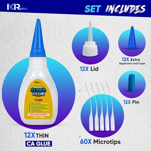 CA Glue Thin Viscosity Kit (12x1.75 oz.) Cyanoacrylate Glue, Super Glue for Precision Repairs, Wood, Plastic, Model Building, Crafts, and 3D Printing, Fast-Drying Adhesive for Tight Spaces and Cracks
