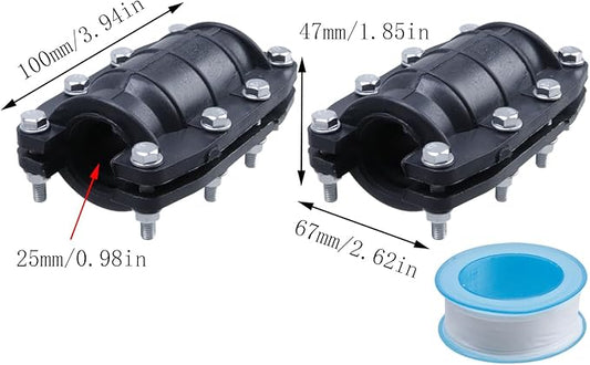2 Pcs 1 inch Pipe Repair Clamp Leak Sealer, Emergency Pipe Repair Kit, Fitting for PE/PVC Pipe Repair, Steel Pipes, Iron Pipes, 1 15mm Roll of Raw Material Tape of Length 6 Meters