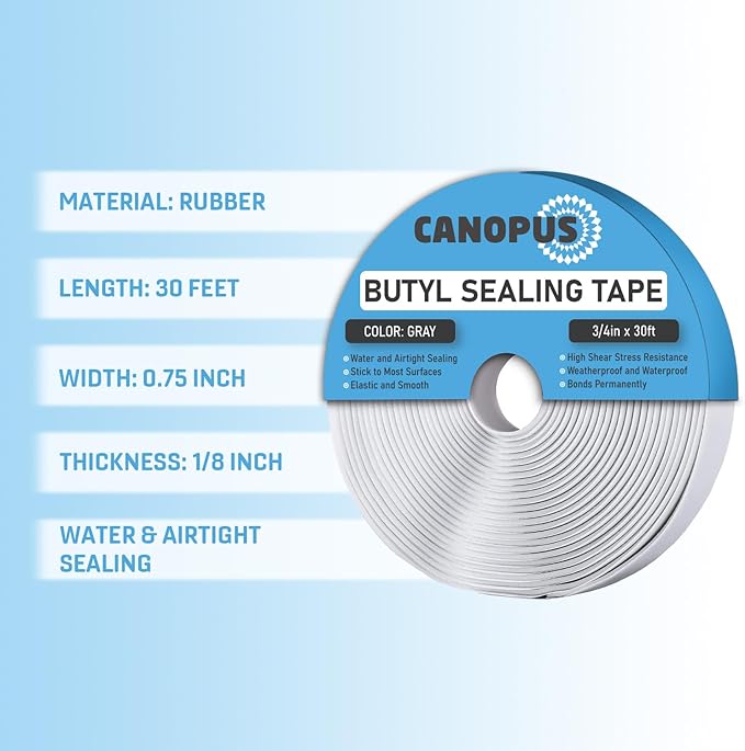 CANOPUS Butyl Seal Tape, Gray, 1/8-in x 3/4-in x 30-ft, Heavy Duty, Waterproof Sealant Putty Tape, Rubber Tape to Seal RV, Boat, Home Pipes and Car Windows Leaks